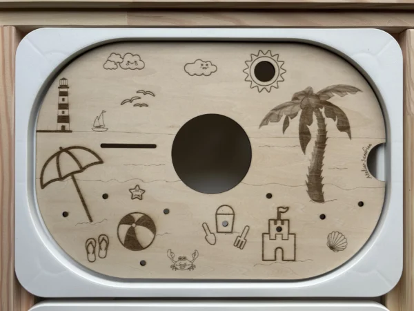 Insert sensoriel en bois - Décor de plage emplacement gobelet