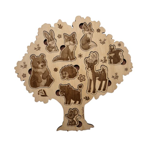 Puzzle en bois en forme d’arbre avec animaux de la forêt pour enfant, jeu éducatif et sensoriel Atelier Sandrien