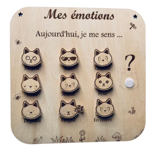 Tableau éducatif en bois “Mes émotions” avec visages de chats pour aider l’enfant à reconnaître et exprimer ses émotions