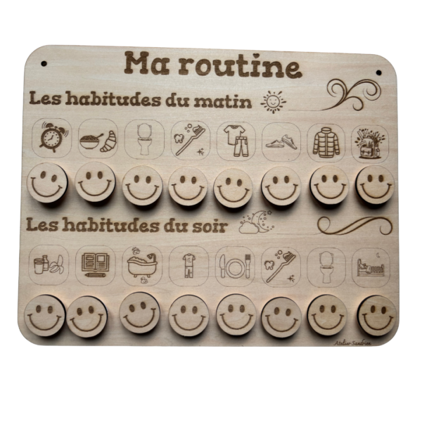 Tableau éducatif en bois - Ma routine en bois pour enfant, avec pictogrammes des habitudes du matin et du soir