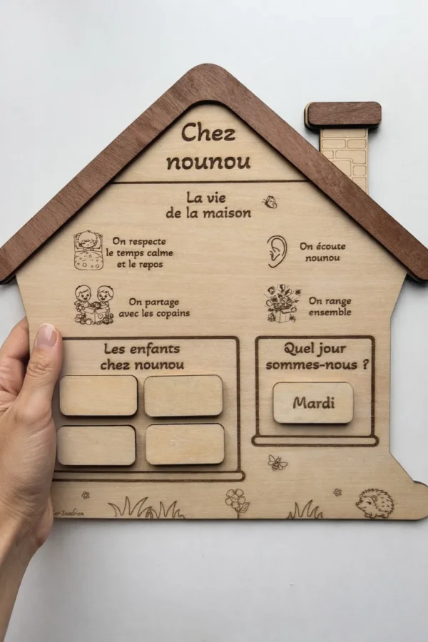 Main de femme tenant une maison des rituels en bois « Chez nounou » avec règles de vie, enfants présents et jour de la semaine.