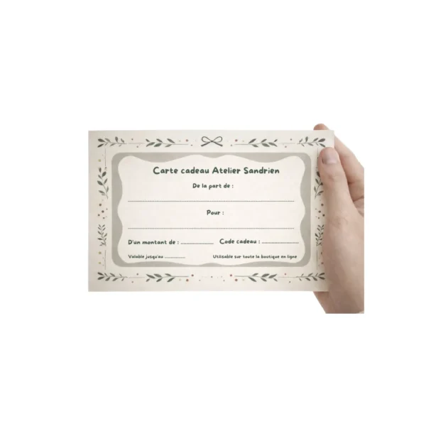 Carte cadeau Atelier Sandrien au design naturel, valable sur toute la boutique en ligne