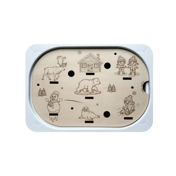 Insert sensoriel en bois hiver avec personnages hivernaux gravés
