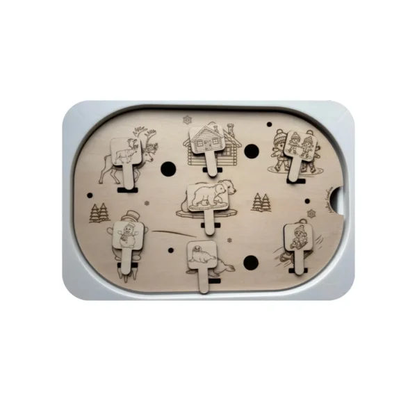 Insert sensoriel hiver en bois avec jetons bâtonnets à manipuler, personnages et décor hivernal