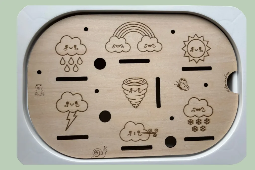 Jeu sensoriel météo en bois artisanal, création faite main pour enfants - Atelier Sandrien