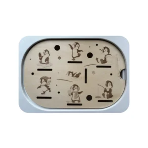 Insert sensoriel en bois avec pingouins gravés pour jeu de tri et de motricité fine