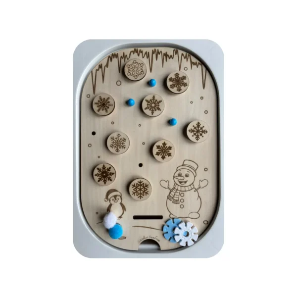 Insert sensoriel en bois thème hiver avec pompons colorés, activité de motricité fine enfant