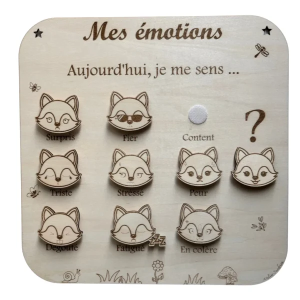 Tableau en bois sur les émotions avec des renards gravés (content,triste, fatigué...) avec curseur scratch