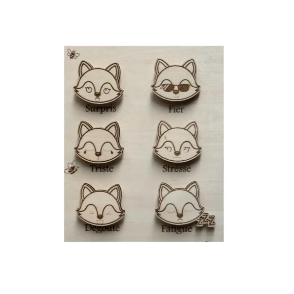 Détails du tableau éducatif en bois Mes émotions Renard avec expressions gravées