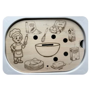Insert sensoriel en bois – préparation de la pâte à crêpes avec ingrédients illustrés (farine, œufs, lait, sucre, beurre)