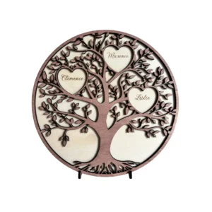 Arbre généalogique rond en bois sans cœur central, avec racines apparentes et cœurs suspendus