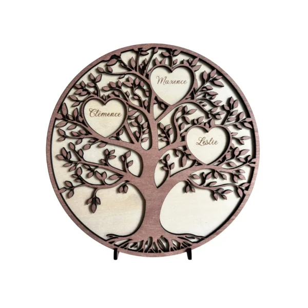 Arbre généalogique rond en bois sans cœur central, avec racines apparentes et cœurs suspendus