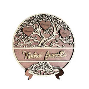 Arbre généalogique rond en bois avec bandeau central gravé et cœurs suspendus personnalisables