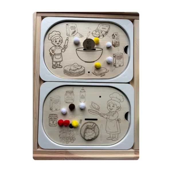 Jeu d’imitation en bois autour des crêpes avec recette, cuisson et garnitures à associer - avec accessoires colorés