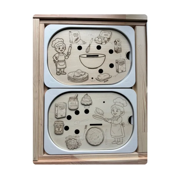 Jeu d’imitation en bois autour des crêpes avec recette, cuisson et garnitures à associer