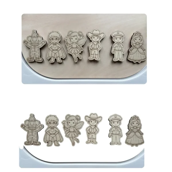 Personnages en bois thème carnaval représentant différents déguisements pour enfants