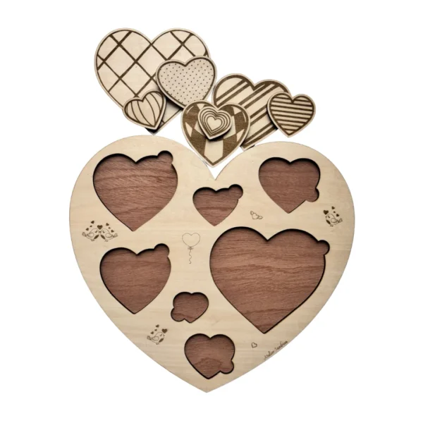 Puzzle en bois - Coeur avec différents coeurs pour les pièces - coeurs avec textures et tailles différentes