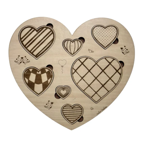 Puzzle en bois - Coeur Saint Valentin avec pièces en forme de coeurs - différentes tailles et textures