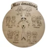 Roue des émotions en bois avec une flèche, des personnages gravés, support éducatif pour reconnaître et exprimer les émotions chez l’enfant