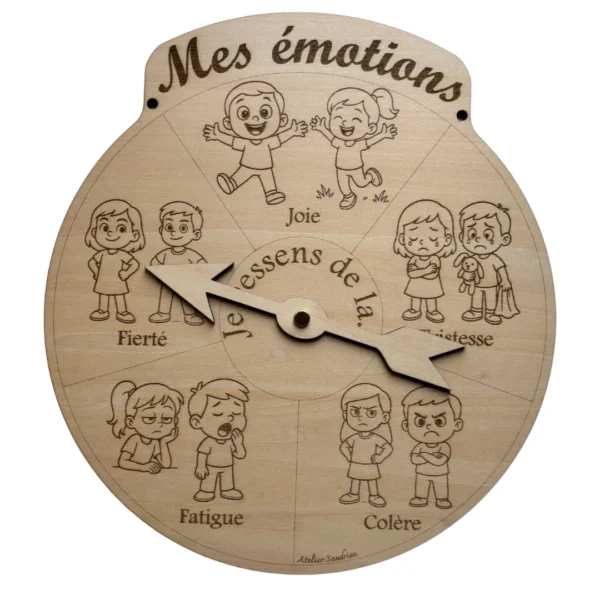 Roue des émotions en bois avec personnages gravés, support éducatif pour reconnaître et exprimer les émotions chez l’enfant avec une flèche