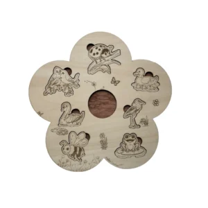puzzle bois en forme de fleur avec les animaux du jardin