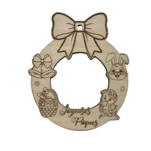 Cadre photo rond de Pâques en bois gravé avec lapins et décor festif, idéal pour mettre une photo souvenir.