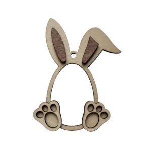 Cadre photo en bois forme œuf de Pâques avec oreilles de lapin et pattes, décoration artisanale pour photo d’enfant.