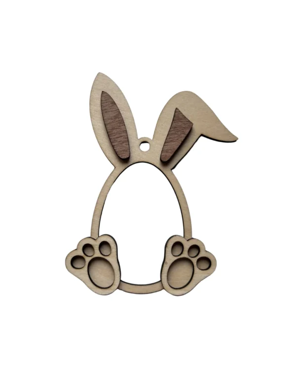 Cadre photo en bois forme œuf de Pâques avec oreilles de lapin et pattes, décoration artisanale pour photo d’enfant.