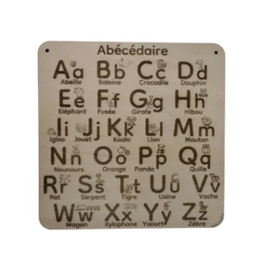Tableau abécédaire en bois gravé avec alphabet illustré, pour l’éveil au langage des enfants