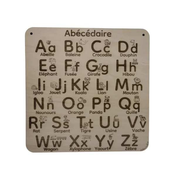 Tableau abécédaire en bois gravé avec alphabet illustré, pour l’éveil au langage des enfants