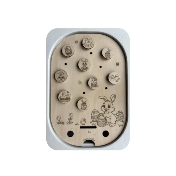 Insert sensoriel en bois thème lapin de Pâques sans accessoires, support éducatif permettant des activités de tri, manipulation et motricité fine pour les jeunes enfants.