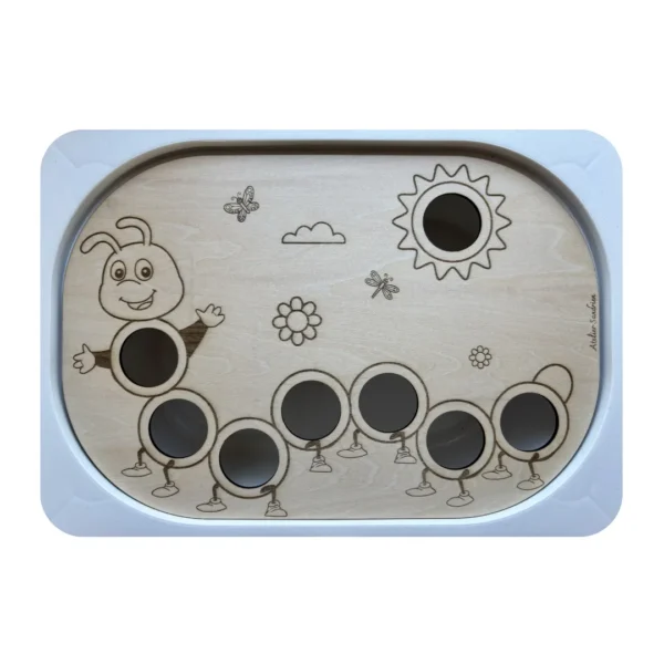 Insert sensoriel en bois chenille avec trous à remplir – jeu de motricité fine pour enfants dès 12 mois