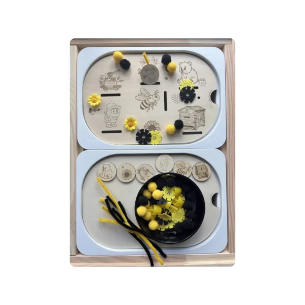 Insert sensoriel en bois - Autour de la ruche avec ses accessoires noirs et jaunes