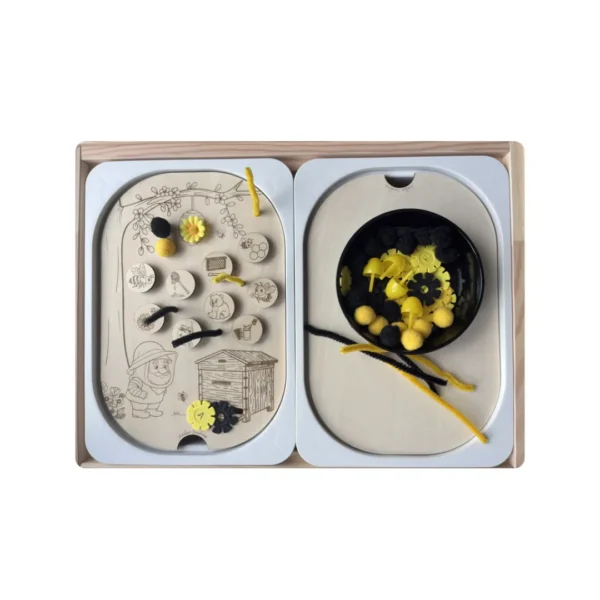 Insert sensoriel en bois - Scratch thème abeille avec accessoires et jetons en bois