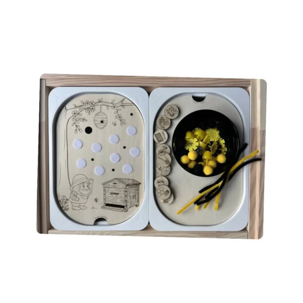 Insert sensoriel en bois - Scratch thème abeille - avec bol accessoires et jetons en bois
