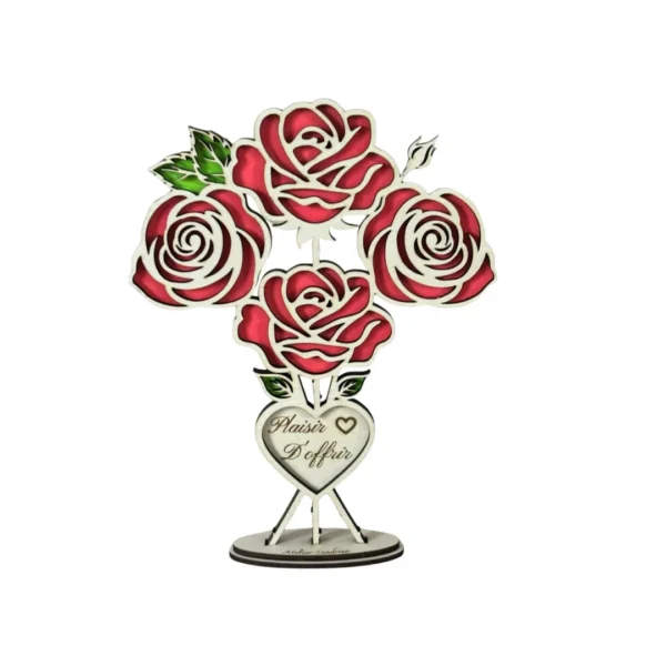 bouquet de 4 roses rouges en bois sur son socle coeur gravé - plaisir d'offrir