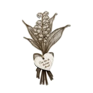 Brin de muguet en bois avec étiquette cœur gravée, décoration artisanale