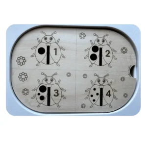 Insert sensoriel en bois avec 4 coccinelles gravées pour activité de tri et motricité fin enfant