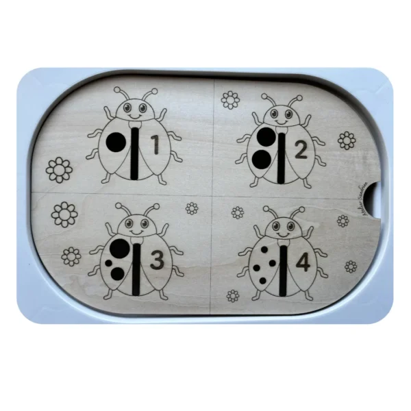 Insert sensoriel en bois avec 4 coccinelles gravées pour activité de tri et motricité fin enfant
