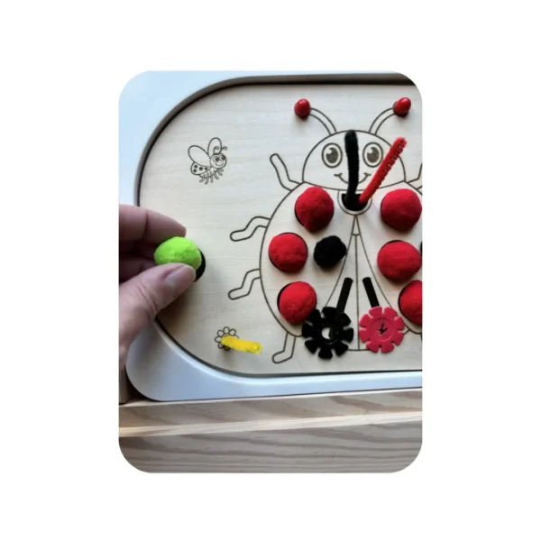 Main manipulant un insert sensoriel en bois coccinelle avec accessoires pour motricité fine