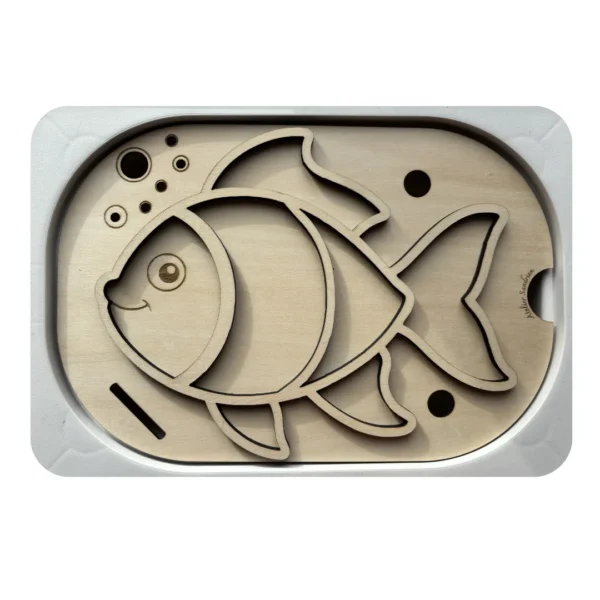 Insert sensoriel en bois - poisson à remplir avec pompons, riz pour développer la motricité fine chez l'enfant