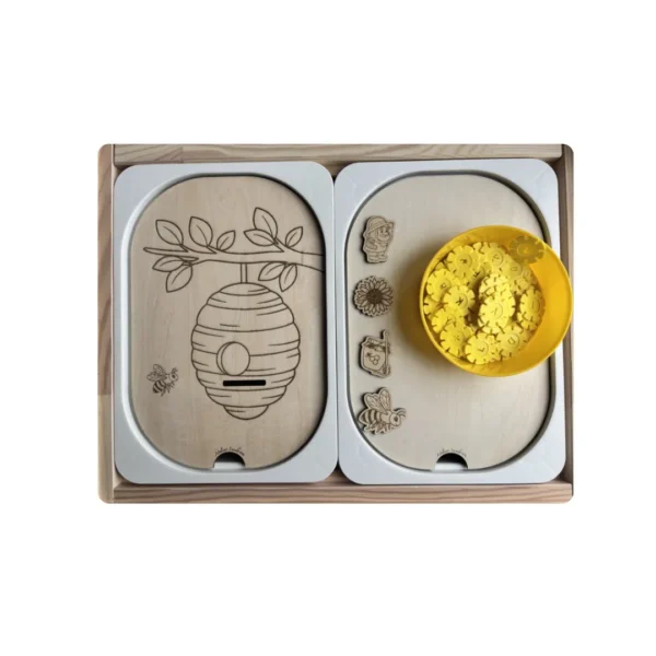 insert sensoriel en bois - ruche avec accessoires jaunes