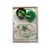 Insert sensoriel en bois trèfle Saint-Patrick avec bols et accessoires verts pour activité de motricité fine et quelques petits pompons verts
