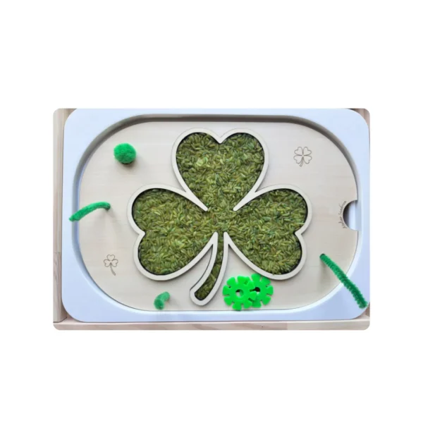 Insert sensoriel en bois trèfle Saint-Patrick pour activité de motricité fine - rempli de riz vert